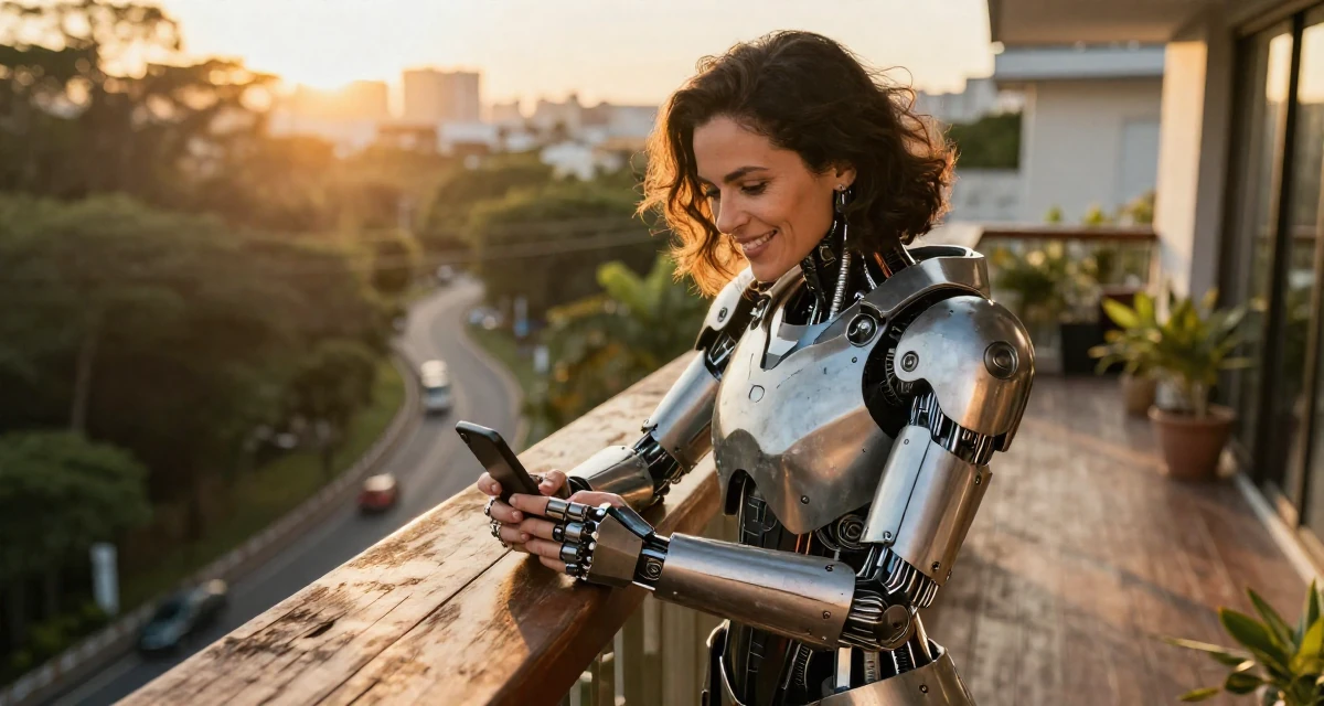 A hopeful Female From São Paulo Brazil, studied digital entertainment in their 50, proof that life begins at fifty, wearing a futuristic android body armor with exposed mechanical parts, typing a message in a luxury penthouse balcony.