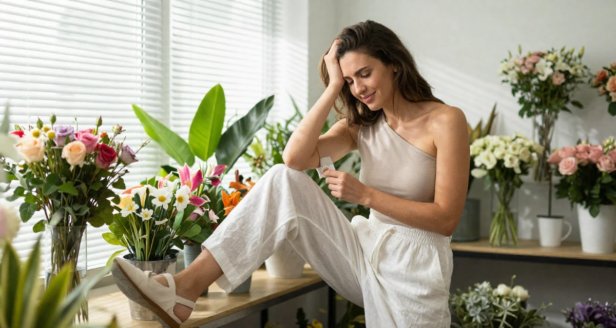 A amused Female From Azerbaijan, majored in petroleum engineering in their 20, feeling overwhelmed by academic pressure and expectations, wearing a one-shoulder fitted top and white linen trousers, fixing a cufflink in a flower shop.