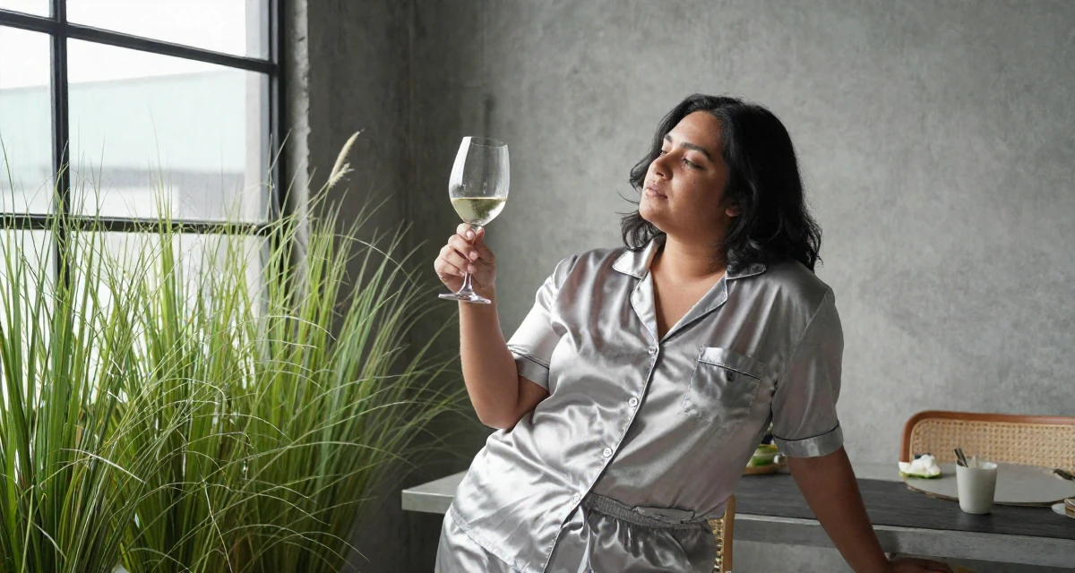 A soulful Female From Jakarta Indonesia, developed body-positive messaging through community work in their 34, taking care of pets and household, wearing a satin pajamas set with the top unbuttoned, holding a wine glass by the stem in a industrial loft.