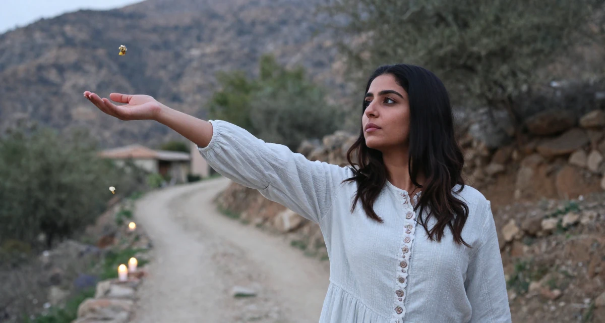 A cold and distant Female Grew up in Saudi Arabia, studied visual merchandising in their 23, building first professional networks, wearing a light and airy spring attire, catching a falling flower petal in a mountain trail.
