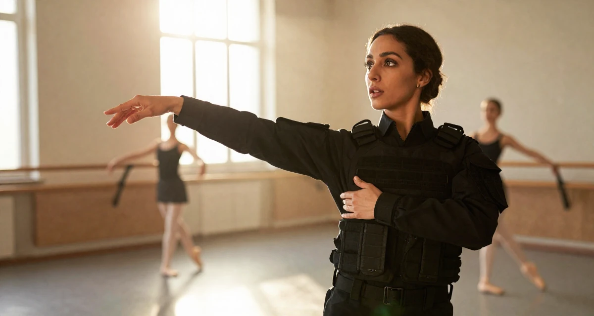 A subtly surprised Female From Arabic-speaking world, majored in health administration in their 42, expert in holistic health and herbalism, wearing a special forces tactical suit in matte black, pulling a sweater sleeves over hands in a ballet studio.