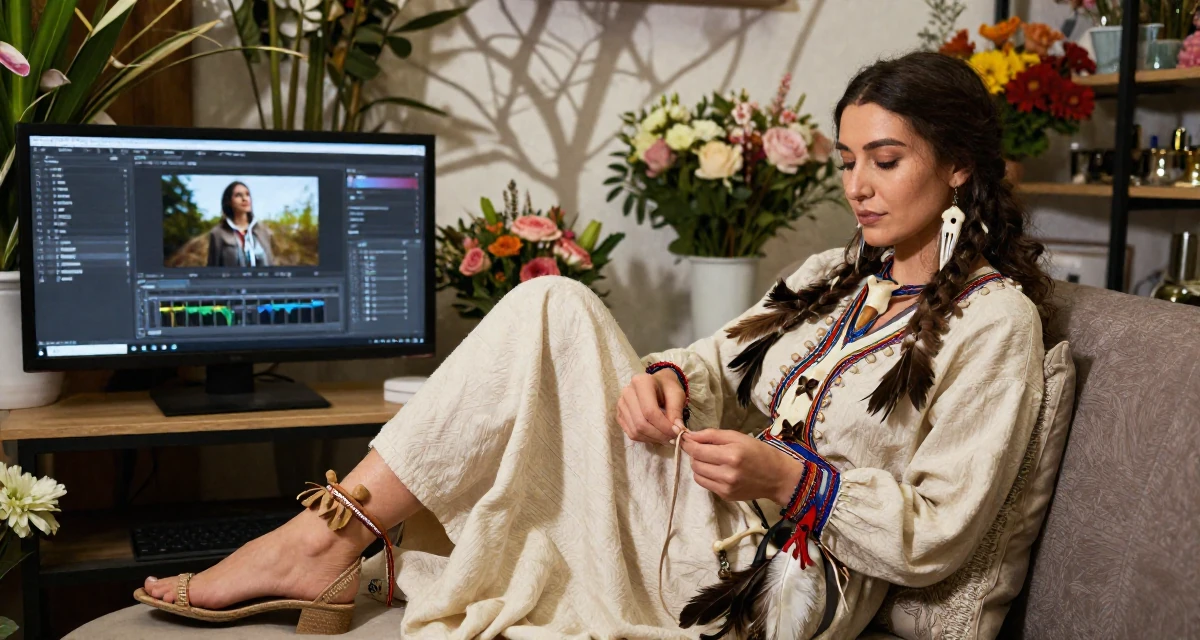 A tranquil Female From Tajikistan, studied civil engineering in their 31, teaching photography and editing skills, wearing a tribal shaman outfit with feathers and bones, tying a shoelace in a flower shop.