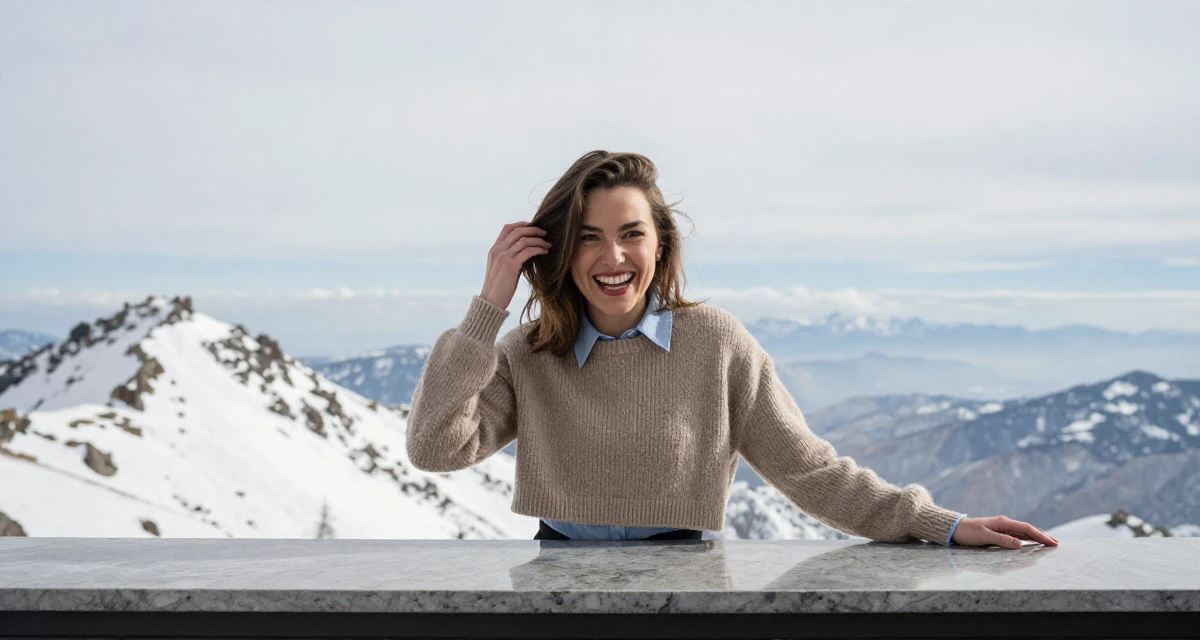 A joyful Female From Hungary, majored in communication strategy in their 25, realizing fans respond to confident playful energy, wearing a cropped sweater over a collared shirt, pushing hair from face in a snowy mountain peak.