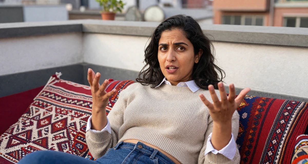 A teasing Female Grew up in Nepal, majored in marketing analytics in their 42, interior designer with a classic aesthetic, wearing a cropped sweater over a collared shirt, gesturing while talking in a rooftop terrace.