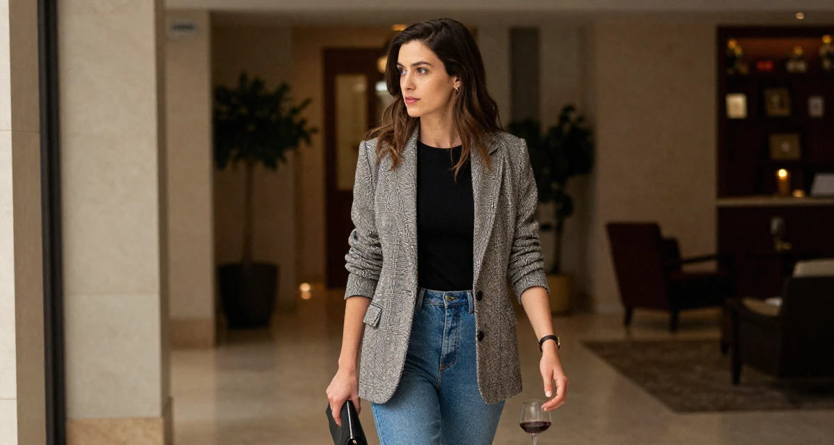 A pensive Female From Spain, has a degree in fine arts in their 22, choosing bolder themes with more creative direction, wearing a modern casual lifestyle wear, clutching a clutch bag in a hotel lobby.