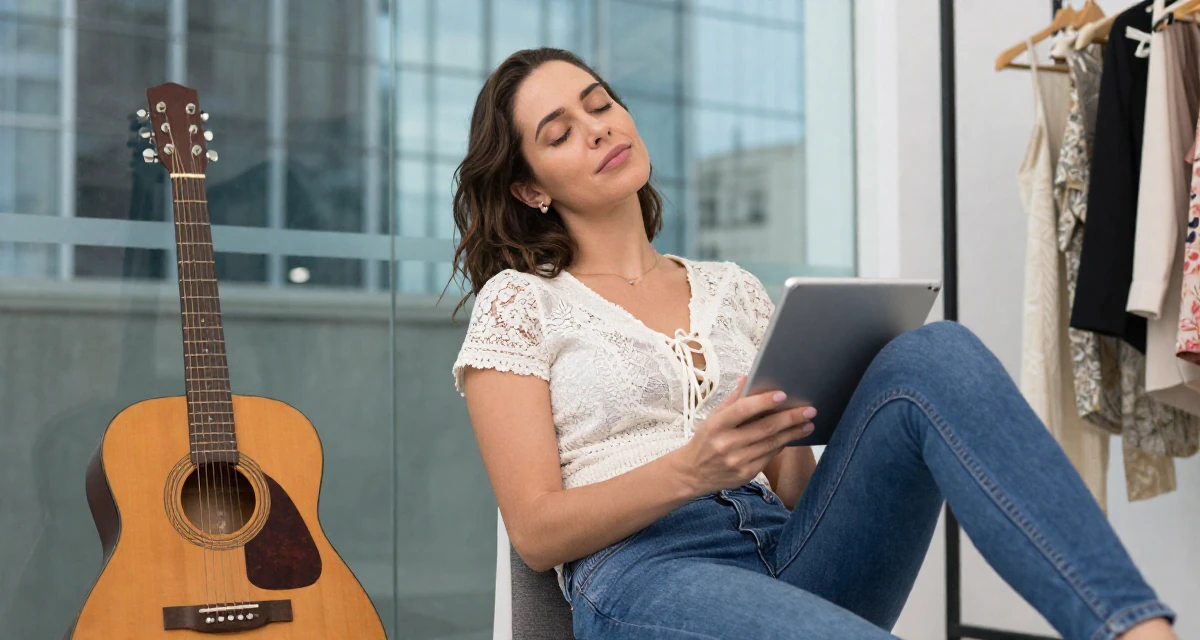 A contented Female From Brazil, studied fashion merchandising in their 22, managing new financial responsibilities, wearing a lace-up front top and skinny jeans, holding a tablet device in a fashion design studio.