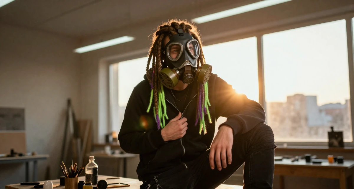 A carefree male Born in Ukraine, majored in creative communication in their 22, exploring slow, teasing video styles within comfort limits, wearing a cyber-goth outfit with gas mask and neon dreads, zipping up a hoodie in a artist workshop.