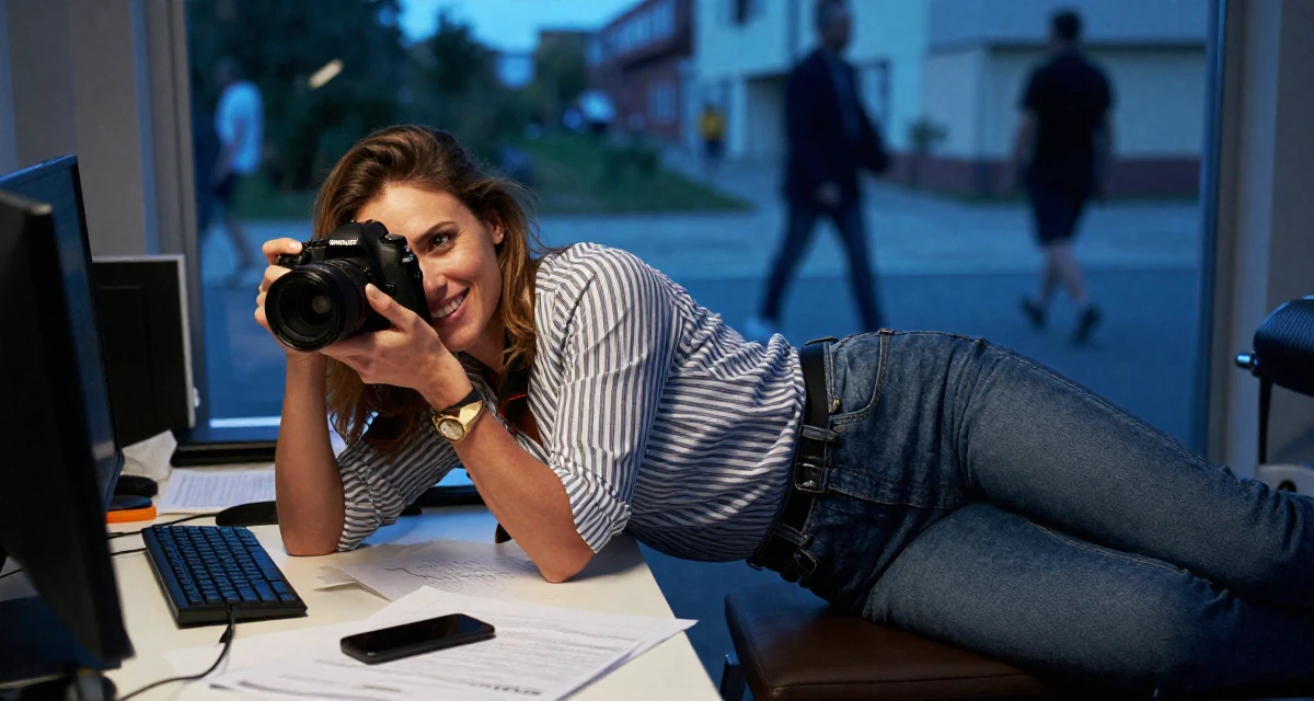 A joyful Female From Munich Germany, studied fitness conditioning and physique training in their 30, learning that survival in creator economy requires brutal discipline, wearing a classic striped shirt and jeans, holding a camera ready to shoot in a messy desk.