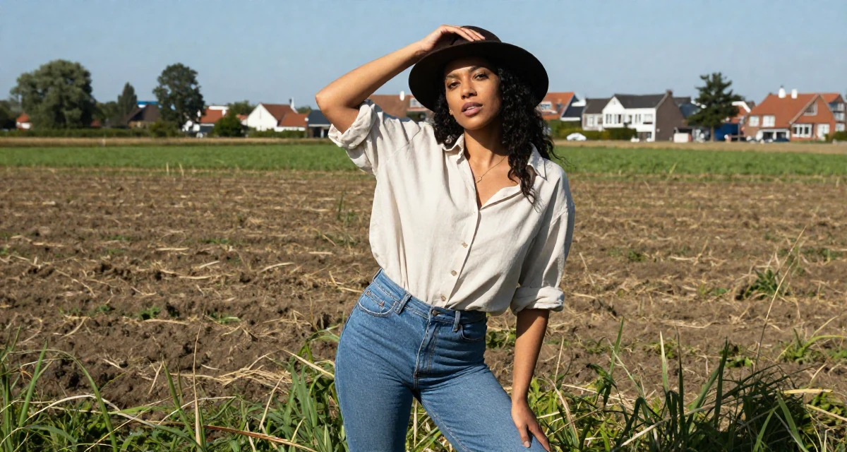 A bewitching Female From Netherlands, studied media and culture in their 26, working through back-to-back burnout cycles, wearing a loose fitting blouse tucked into tight jeans, adjusting a hat in a farm field.