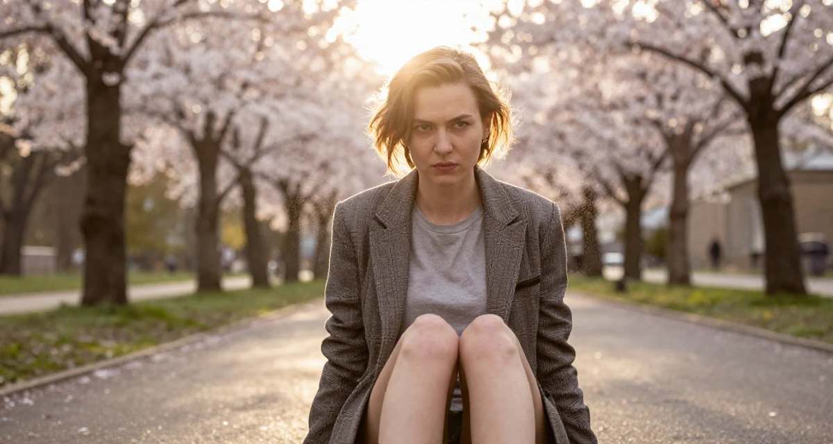 A defiant Female From Russia, studied mathematics and cybernetics in their 34, wearing success like a second skin, wearing a structured jacket with casual tee, dusting off the shoulder in a cherry blossom park.