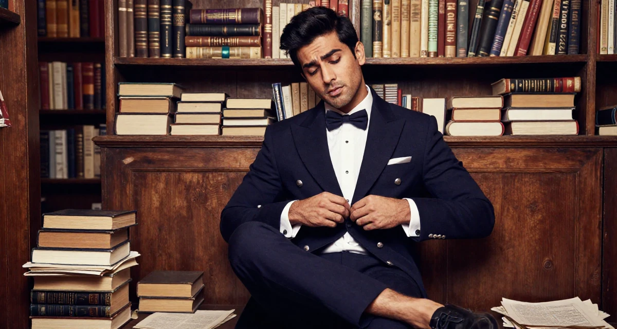A tired male From New Delhi India, majored in English literature in their 24, performing with growing confidence and playful charm, wearing a circus ringmaster outfit with a tailcoat, buttoning a jacket in a vintage bookstore.