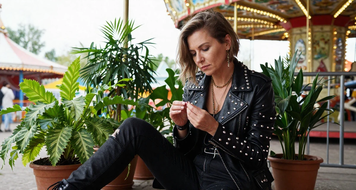 A alluring Female From Moscow Russia, majored in linguistics in their 46, fashionista proving style has no age limit, wearing a heavy metal rocker outfit with studs and leather, inspecting fingernails in a carnival with rides.