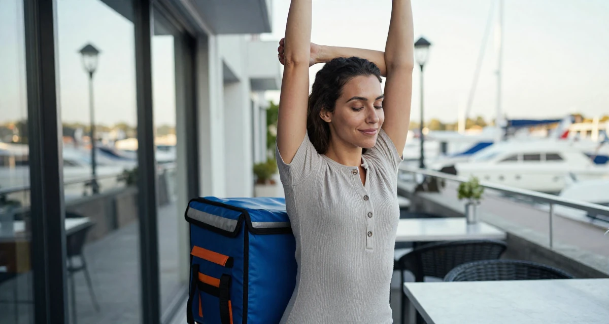 A warm Female Former food delivery biker, now exploring creator freedom in their 34, exuding quiet confidence and authority, wearing a ribbed cotton dress with buttons down the front, resting hands on a table in a neon-lit alleyway.