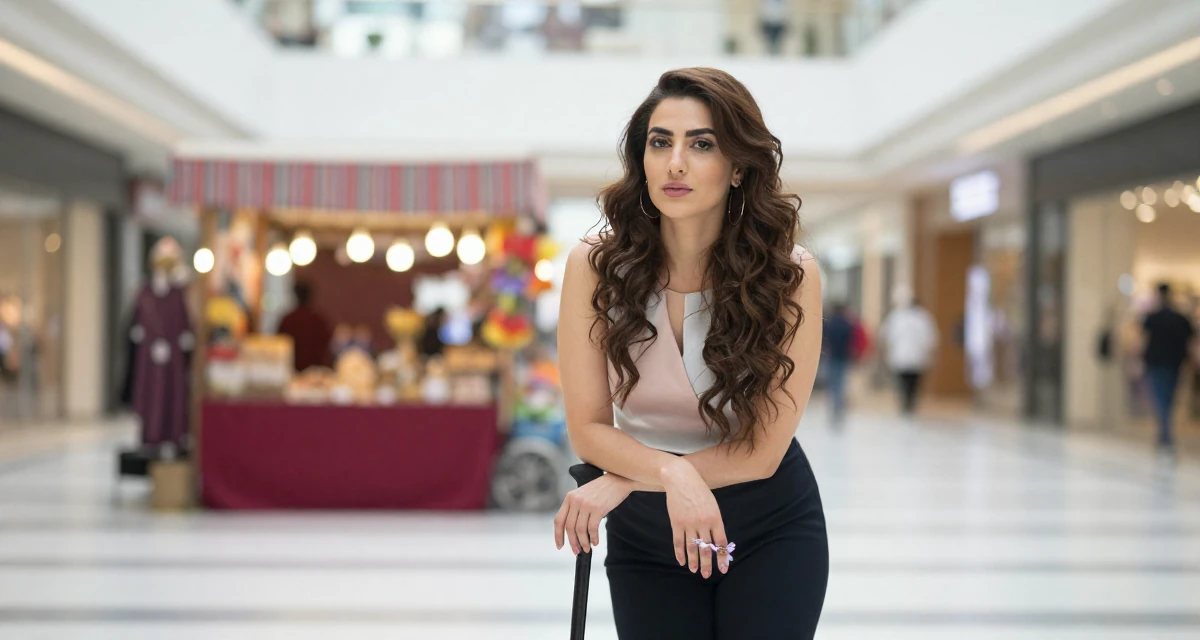 A aloof but intriguing Female Born in Iran, majored in multimedia communication in their 25, feeling empowered posting subtly provocative looks, wearing a elegant evening casual wear, holding a flower in a shopping mall atrium.