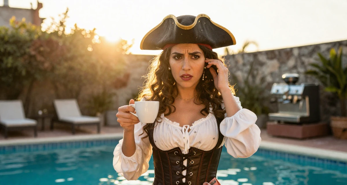 A troubled Female From Mexico City Mexico, learned expressive movement through Latin dance in their 35, sharing luxury travel experiences on a budget, wearing a pirate captain outfit with a corset and tricorn hat, holding a cup of coffee in a swimming pool.