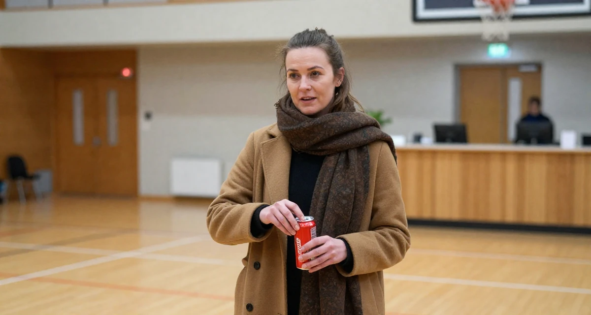 A inspired Female From Estonia, based in Tartu, graduated from a state university majoring in digital culture in their 42, sharing the journey of perimenopause health, wearing a layered autumn coat and scarf, opening a soda can in a basketball court.