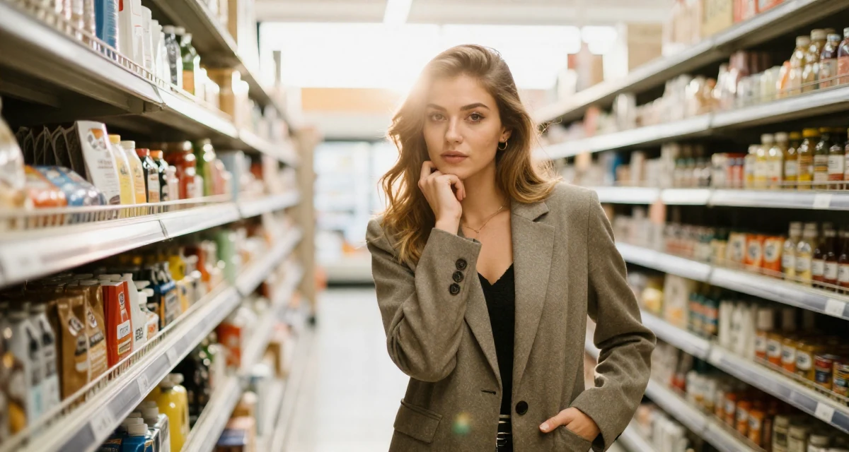 A cool and collected Female Once a sewing hobbyist, now designing outfits for her shoots in their 25, learning to flirt through camera presence alone, wearing a smart casual blazer ensemble, sliding a hand into a pocket in a supermarket aisle.