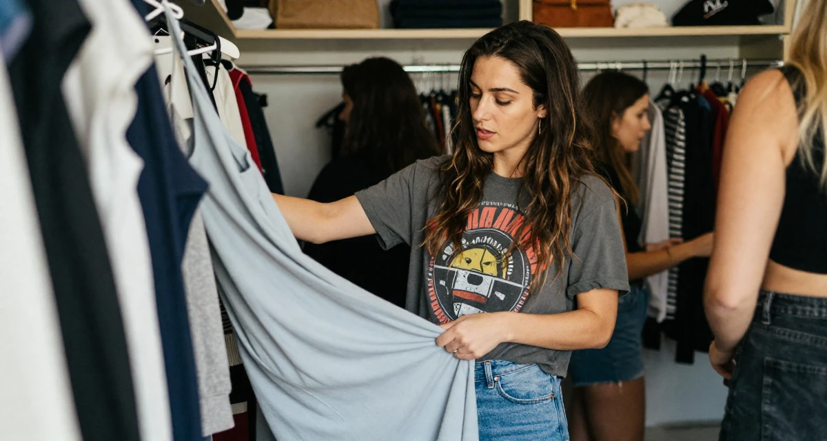 A bewitching Female From Auckland New Zealand, explored intimate photography as personal therapy in their 25, developing early financial habits, wearing a laid-back graphic tee and jeans, smoothing down a dress in a walk-in closet.