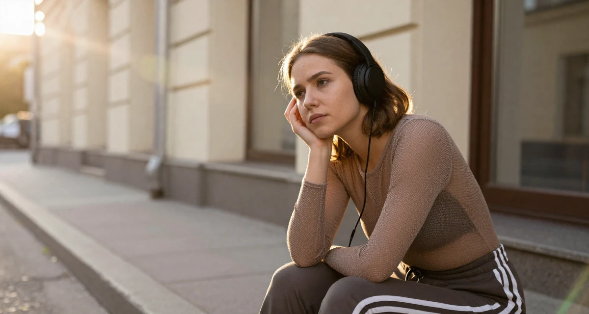 A expectant Female From Finland, majored in educational psychology in their 22, adjusting to the exhaustion of a 9-to-5 routine, wearing a mesh paneled bodysuit and track pants, listening to music with headphones in a city sidewalk.