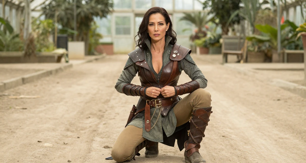 A confident Female From Manila Philippines, studied mass communication in their 46, wellness advocate for women over 40, wearing a fantasy elven archer outfit with leather armor details, buttoning a jacket in a greenhouse interior.