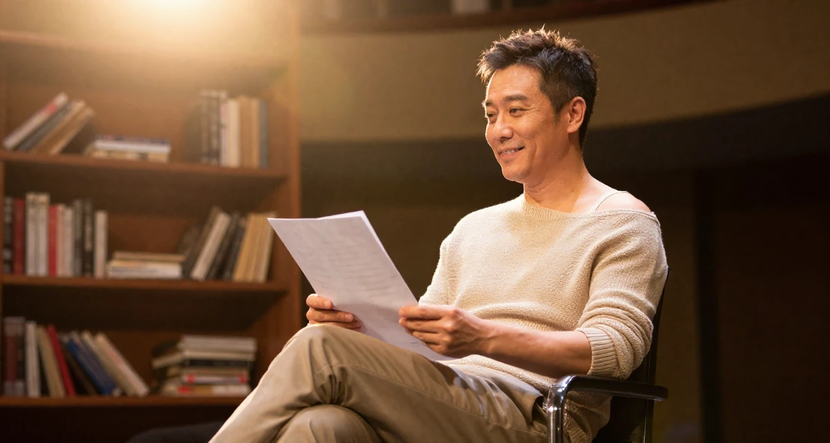 A warmhearted male From Chinese-speaking regions, majored in marketing analytics in their 50, exploring semi-retirement options, wearing a off-the-shoulder knit top and fitted trousers, holding a piece of paper in a theater stage.