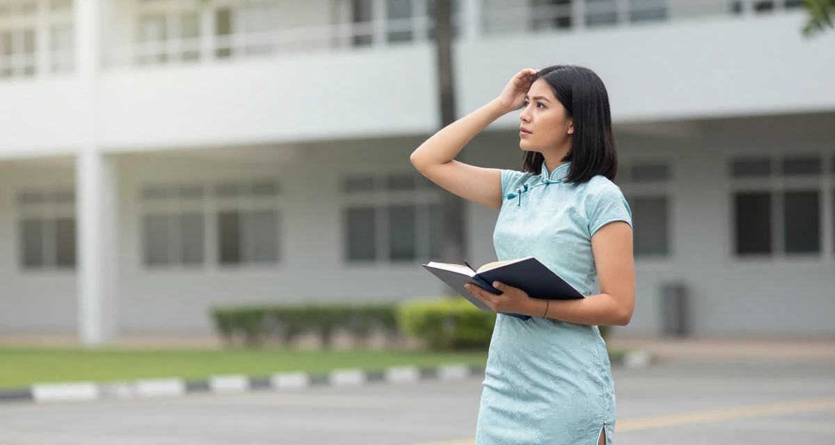 A refreshed Female From Honduras, majored in creative writing in their 23, learning to set boundaries with bosses, wearing a Chinese qipao (cheongsam) modified with a high slit, scratching a head lightly in a university campus.