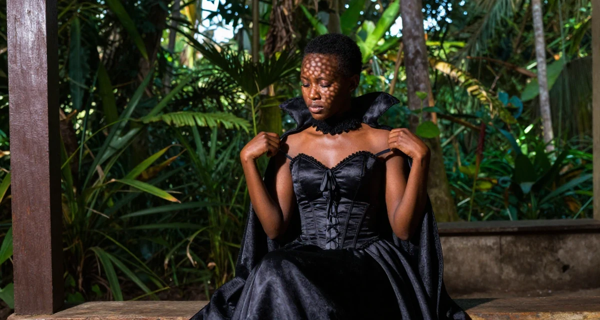 A relieved Female From Mombasa Kenya, studied hospitality in their 22, comparing growth with other creators and feeling pressure, wearing a vampire queen gown with a high collar and corset, adjusting a shoulder strap in a front porch.