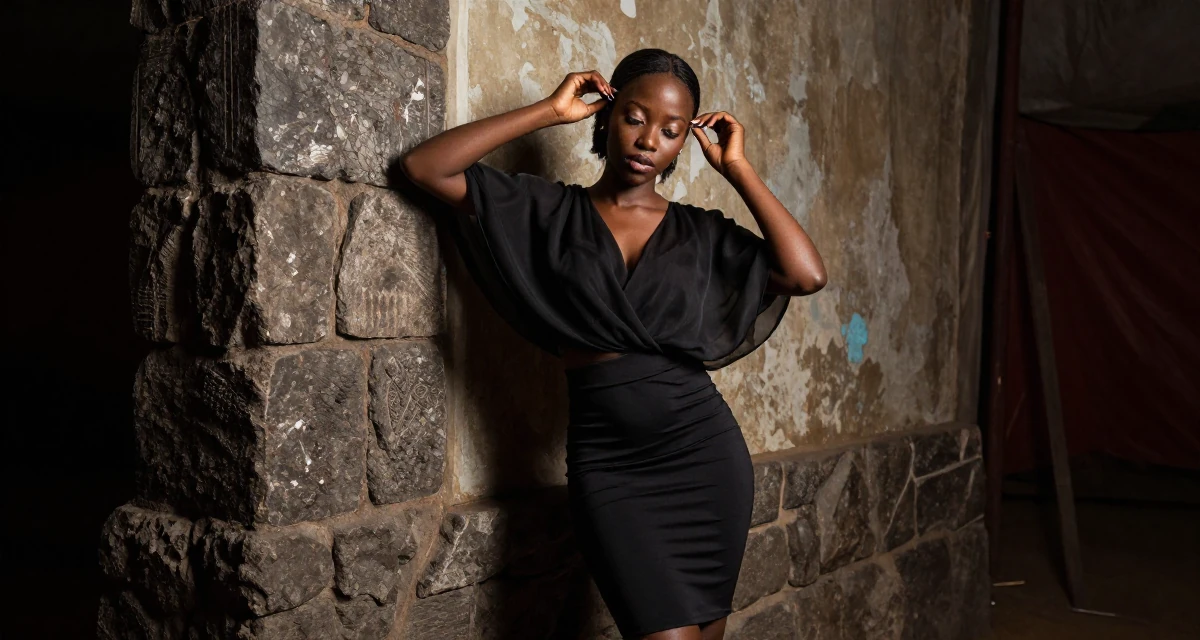 A sensual Female From Zambia, majored in marketing communication in their 25, saving up for the first major independent purchase, wearing a tight pencil skirt and a loose chiffon top, adjusting a hairpin in a circus tent interior.