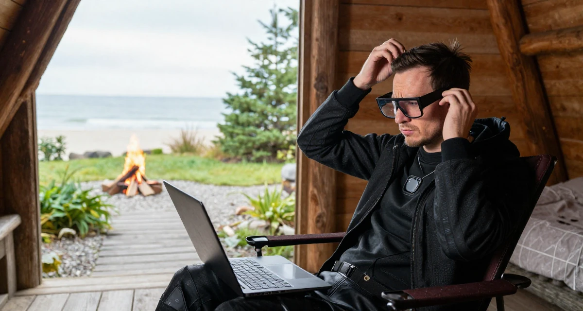 A worried male From Montreal Canada, holds a degree in French literature in their 38, sharing tips for effective remote work, wearing a cyberpunk hacker outfit with oversized tech glasses, adjusting a hairpin in a rustic wooden cabin interior.