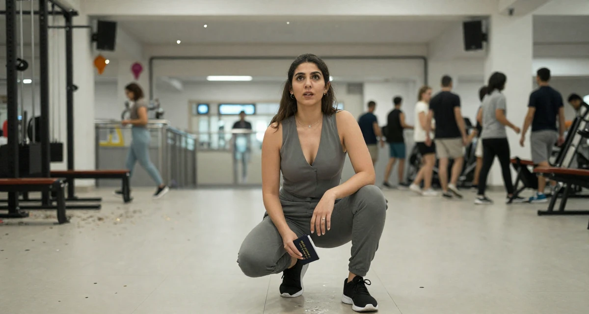 A fascinated Female From Egypt, majored in archaeology in their 32, finding confidence in a leadership role, wearing a fitted vest top worn without a shirt underneath and slacks, holding a passport in a gym interior.