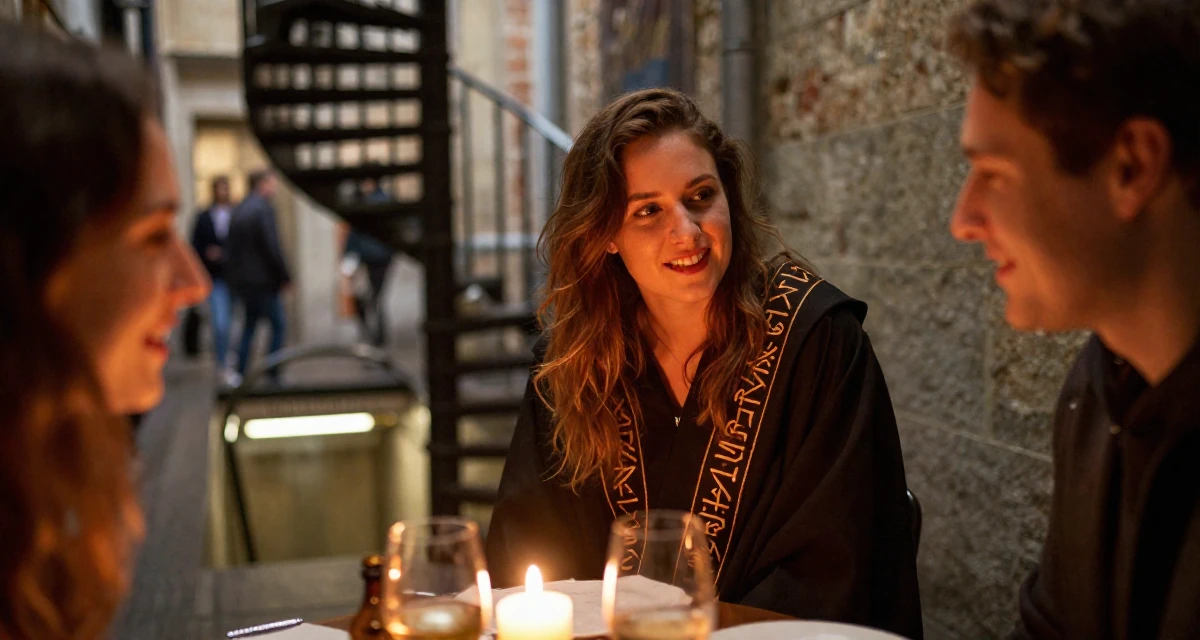 A fearless Female From Belgium, based in Ghent, graduated from a business school majoring in international marketing in their 23, realizing that friendships require hard work, wearing a cultist robe with mysterious rune embroidery, smiling at a stranger in a quiet alleyway.