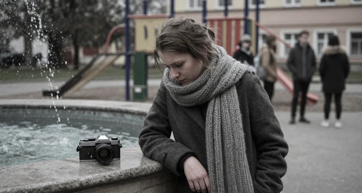 A humble Female From Kraków Poland, studied emotional choreography in contemporary dance in their 41, sharing the reality of raising high schoolers, wearing a heavy knit scarf and coat, looking down at the ground shyly in a school playground.