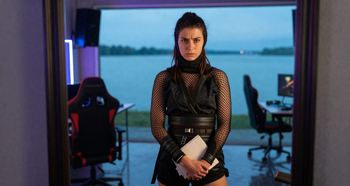A tense Female Born in Greece, majored in content creation & storytelling in their 33, struggling with work-life balance, wearing a ninja kunoichi outfit with fishnet details, holding a notebook in a gaming room.