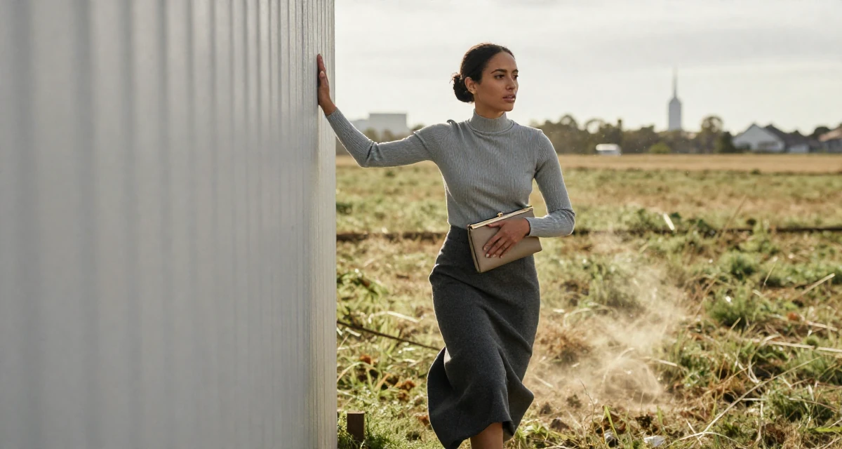 A cool and collected Female Former receptionist at a spa, now blending wellness with creator content in their 20, chasing creative dreams despite parental skepticism, wearing a ribbed mock neck top and a long wool skirt, clutching a clutch bag in a farm field.