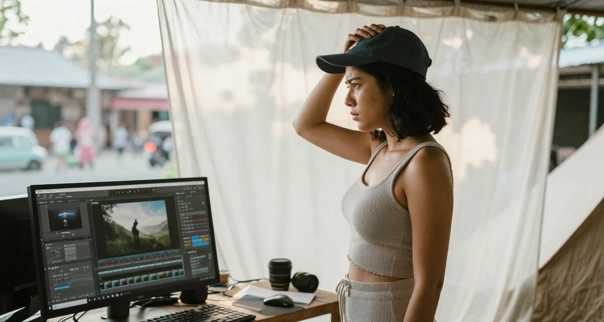 A tense Female From the Philippines, based in Davao, graduated from a communication program majoring in fan engagement dynamics in their 31, teaching photography and editing skills, wearing a ribbed lounge set that hugs the curves, tipping a hat in a camping site.