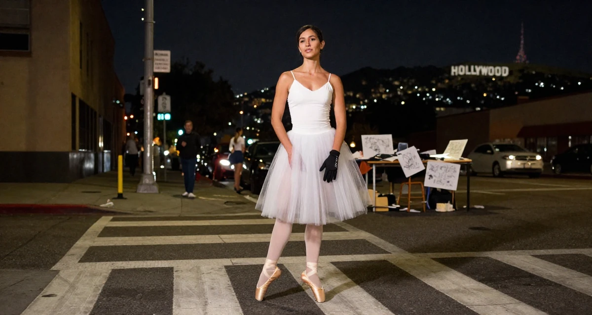 A unbothered Female Former figure-skating student, now producing graceful aesthetic content in their 50, feeling more vibrant and energetic than ever, wearing a ballet tutu and satin pointe shoes, putting on a glove in a busy crosswalk.