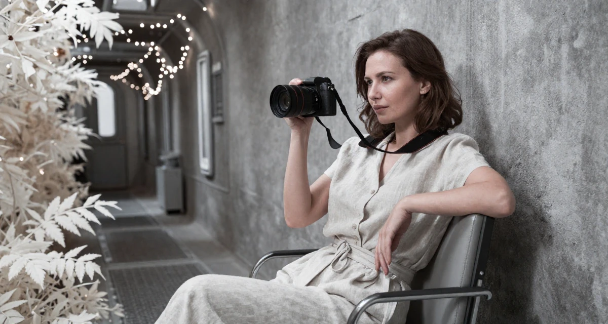 A sophisticated Female From Kazakhstan, studied financial mathematics in their 40, turning a lifelong hobby into a profession, wearing a chic summer linen outfit, holding a camera ready to shoot in a spaceship corridor.