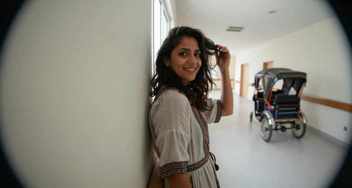 A confused Female From UAE, studied business administration in their 25, looking back at 21 with a wise smile, wearing a relaxed bohemian style dress, messing up hair playfully in a hospital corridor.