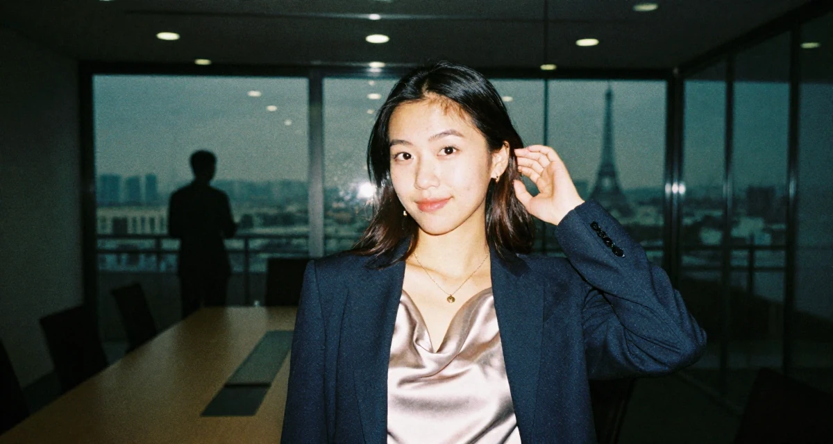 A witty Female Once a history major, now creating vintage-inspired storytelling in their 21, enjoying the peak of carefree student life, wearing a satin cowl neck top under a business suit, touching a necklace in a glass-walled conference room.