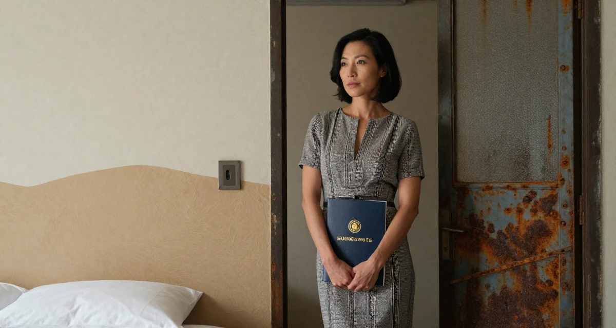 A subtly confident Female From Hong Kong, holds a business administration degree in their 30, knowing the hustle is hard but quitting feels worse, wearing a sophisticated midi dress, leaning against a door in a minimalist bedroom.