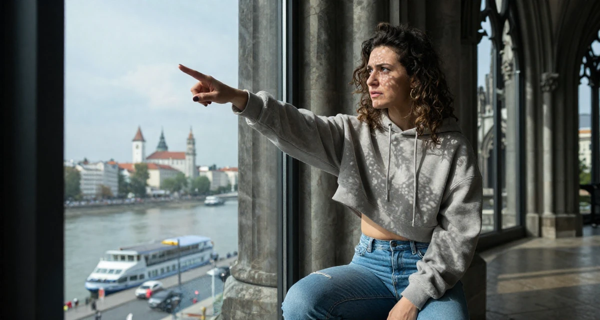 A stressed Female From Slovakia, based in Bratislava, graduated from a media school majoring in mood-driven digital design in their 39, sharing stories of resilience and growth, wearing a cropped hoodie showing midriff and low-rise jeans, pointing at something distant in a gothic cathedral interior.