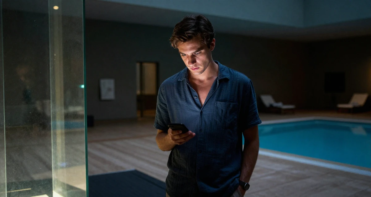 A curious and focused male From Germany, based in Hamburg, graduated from a design academy majoring in interaction design in their 21, struggling to wake up for early morning lectures, wearing a breezy summer vacation outfit, checking a phone in a art gallery hall.