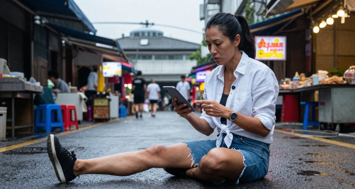 A serious Female From Hangzhou China, majored in visual arts in their 42, expert consultant sharing industry secrets, wearing a button-down shirt tied at the waist and denim cutoffs, scrolling casually in a neon-lit alleyway.
