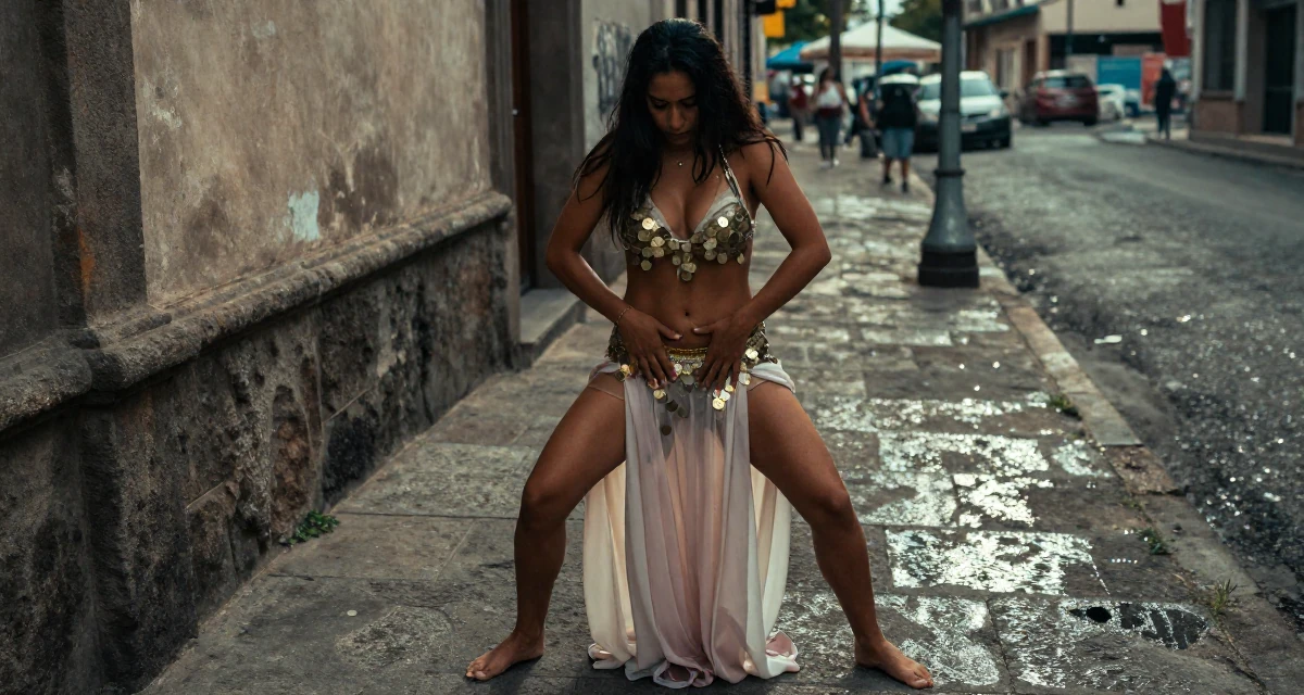 A shy Female From Ecuador, based in Guayaquil, graduated from a private institute majoring in consumer psychology in their 23, realizing that friendships require hard work, wearing a belly dancer outfit with sheer fabrics and coins, smoothing out clothes in a city sidewalk.