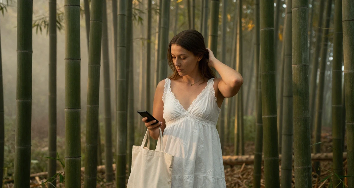 A expectant Female From Germany, based in Hamburg, graduated from a design academy majoring in interaction design in their 30, weighing long-term health against constant digital hustle, wearing a white cotton nightgown with lace details, carrying a tote bag in a dense misty forest.