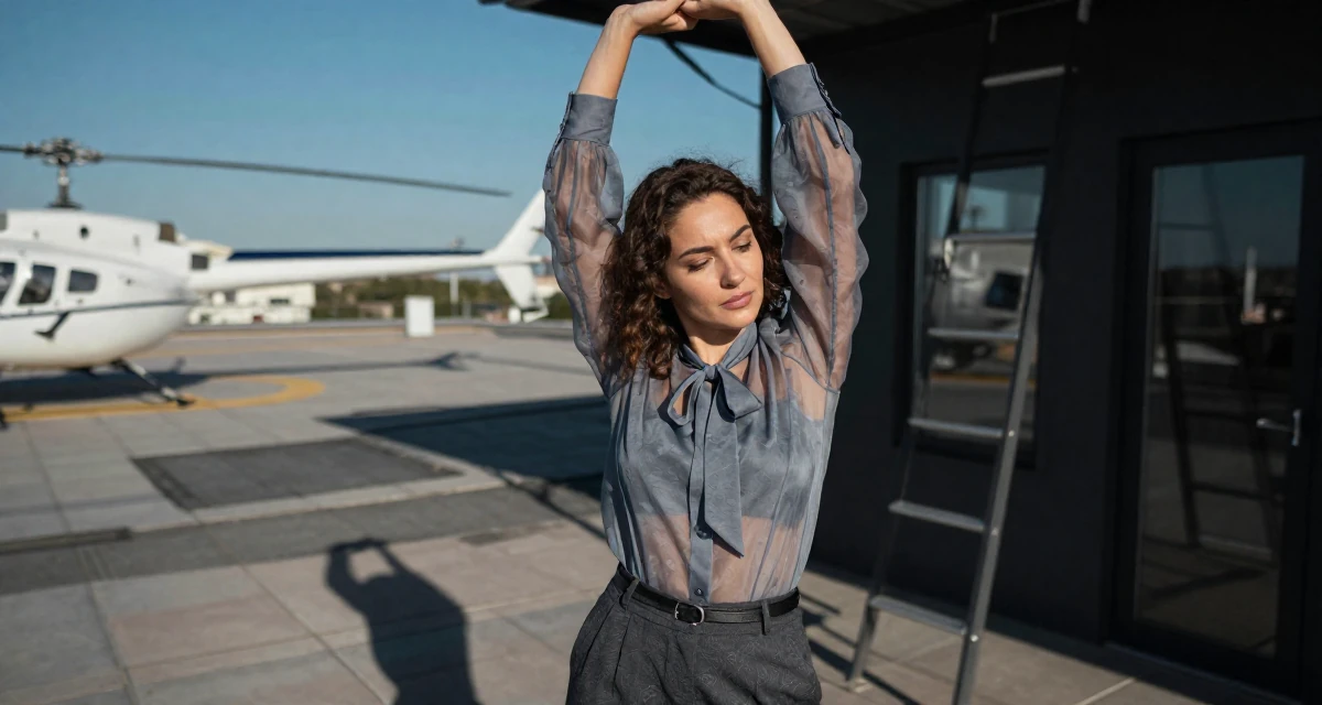 A sincere Female From Turkmenistan, studied industrial technology in their 24, feeling cynical about the corporate ladder, wearing a sheer chiffon blouse with a bow tie neck and slacks, smoothing out clothes in a sunny patio.