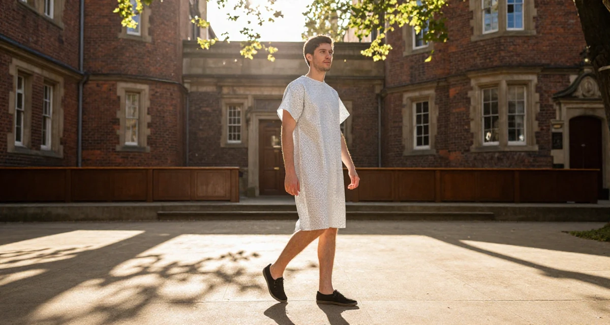 A resilient male From Luxembourg, studied European business law in their 22, planning monthly photoshoots on a tight budget, wearing a hospital patient gown tailored to be form-fitting, tapping a foot in a lecture hall.