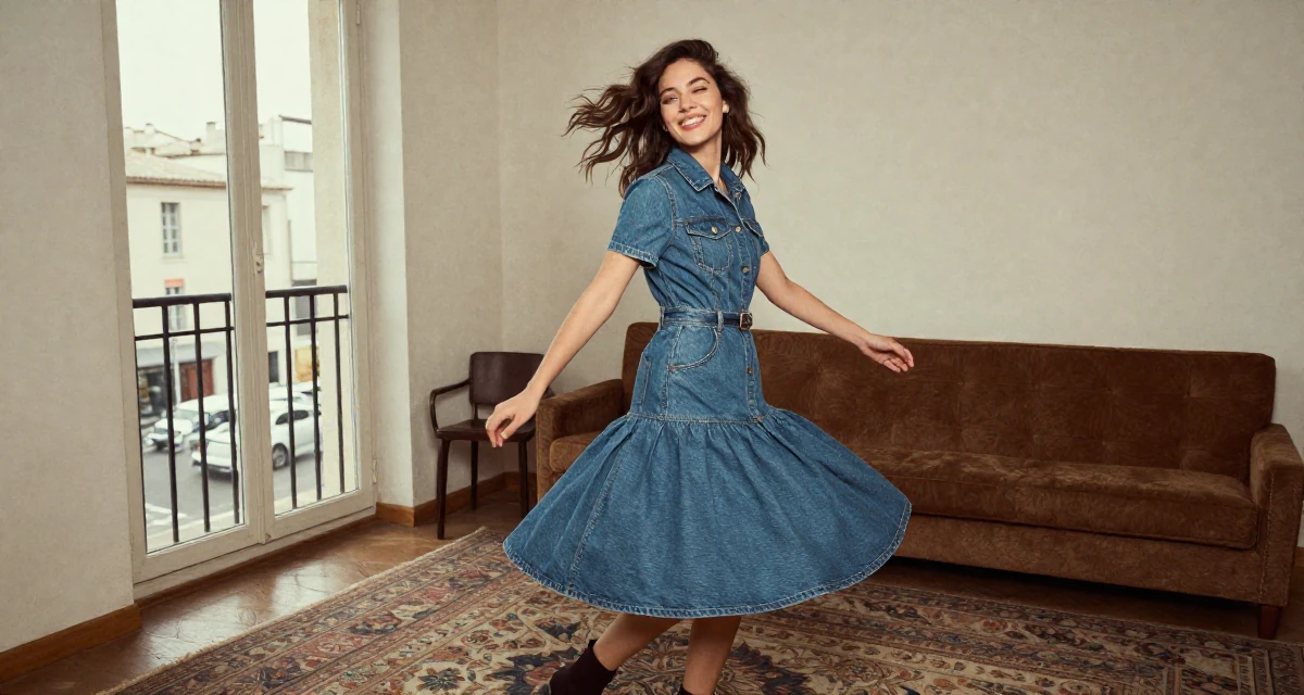 A bright and optimistic Female From France, based in Marseille, graduated from a creative college majoring in intimate portrait photography in their 20, chasing creative dreams despite parental skepticism, wearing a fashionable denim on denim, winking playfully in a conference room.