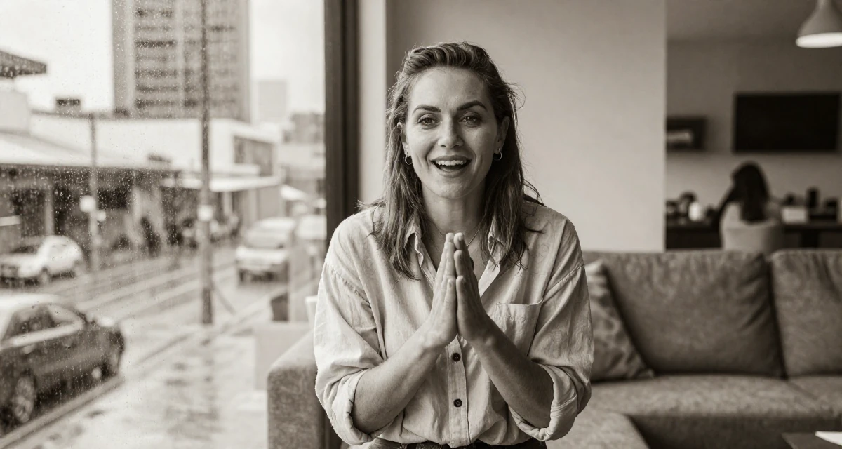 A enthusiastic Female From Brisbane Australia, learned fitness coaching and transformation storytelling in their 42, interior designer with a classic aesthetic, wearing a relaxed vacation shirt, rubbing hands together for warmth in a modern apartment living room.