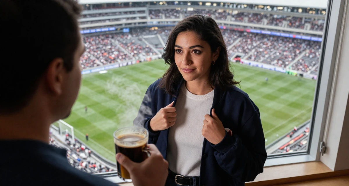 A expectant Female From Canada, majored in english and creative writing in their 23, exploring feminine power through suggestive styling, wearing a classic collegiate style, smiling at a stranger in a home interior.